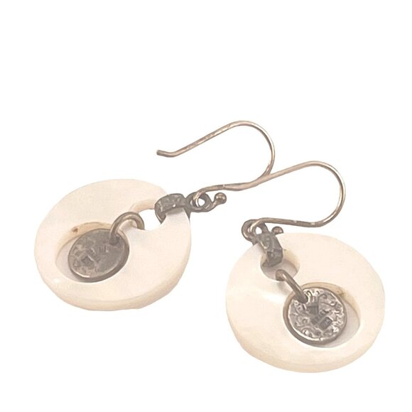 Vintage Mother Of Pearl & Metal Dangle Earrings Israel Made - Picture 6 of 10
